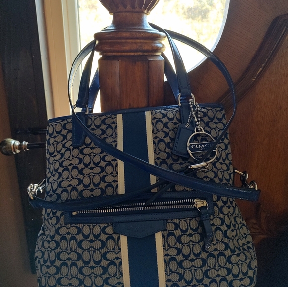 Coach 27024 Signature Stripe Foldover Crossbody Hangbag Navy - Picture 6 of 8